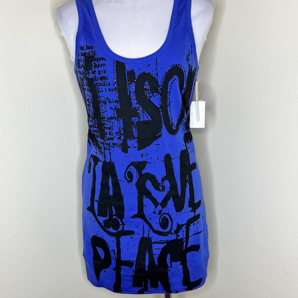 Kitson Los Angeles Tank Top Medium Womens Purple Black Graphic Streetwear Beaded